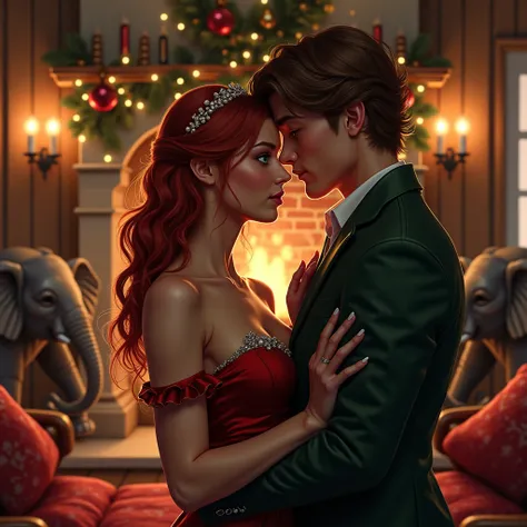 A sexy redhead with green eyes and a brown man with blue eyes in a realistic Christmas cottage scene, elephant statues