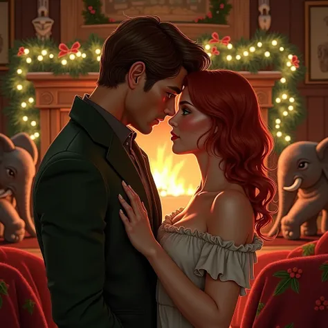 A sexy redhead with green eyes and a brown man with blue eyes in a realistic Christmas cottage scene, elephant statues