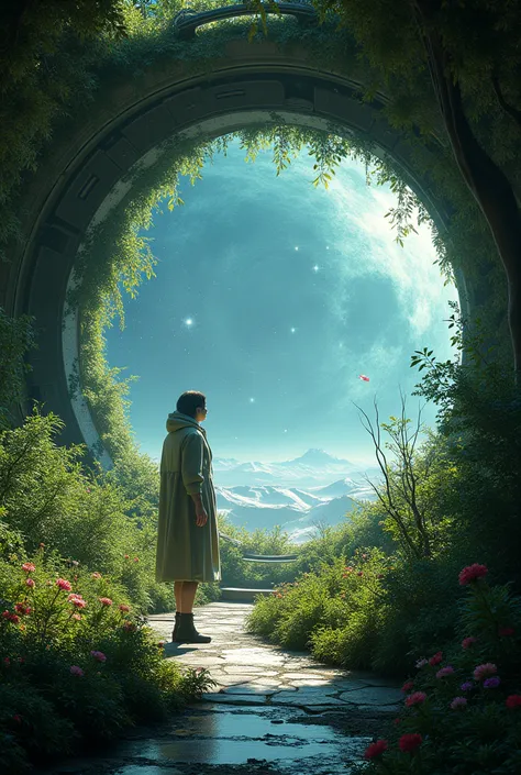 Winter garden on an interstellar ship. The ship is in space and the panoramic window shows the starry sky 