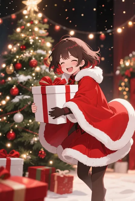 Anime；Energetic Girl；Red-and-White Cloak；Beside the Christmas Tree；Hugging a Big Gift Box；4k；高质量