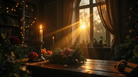 Modern and simple Christmas environment, outside lights off, inside the house illuminated only by a candle and a soft golden lig...