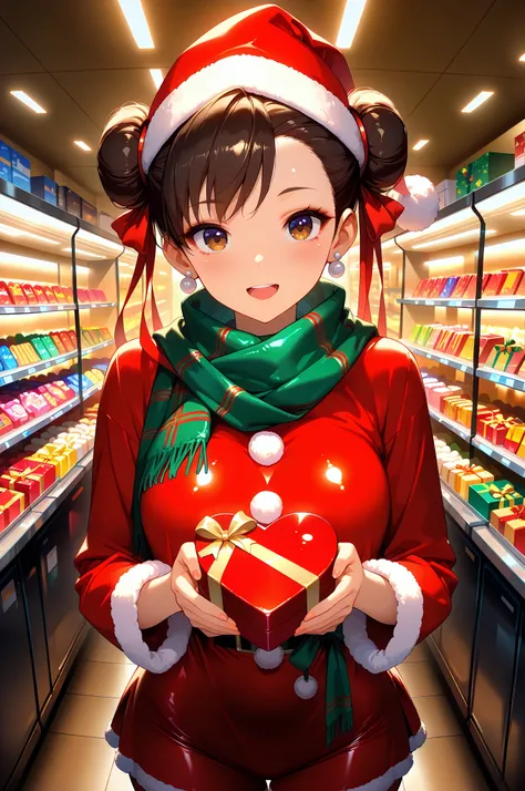 eyesHD,masterpiece, best quality, 1girl , solo,chun li ,sexy santa clothes, santa cap , glossy skin、Shiny clothes, translucent s...