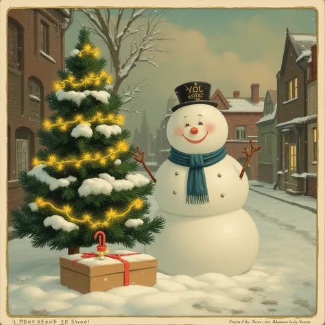 Retro postcard. On the street there is a snowman in a New Year's hat standing by an elegant and fluffy green tree. Yellow garlan...