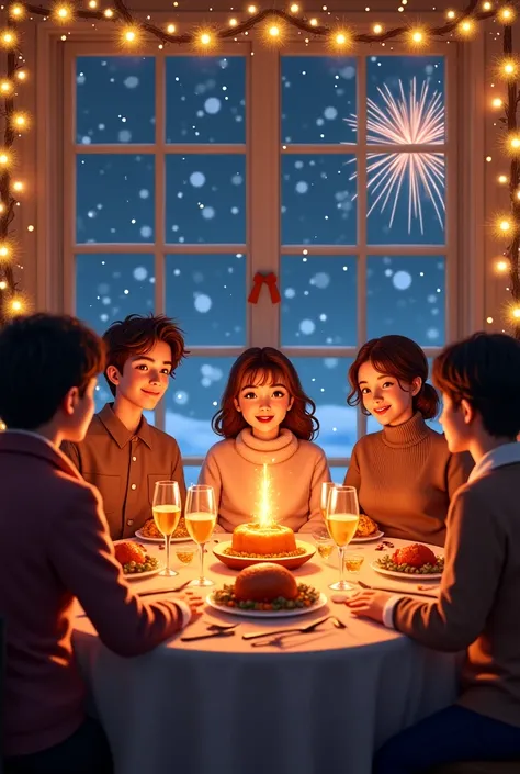 adults, Art Studio Ghibli, cena de año nuevo con Decoration navideña, fireworks outside the window, Is it snowing in winter, eve...