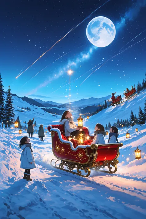 Cute,748cmstyle,(masterpiece, best quality:1.2), Cinematic shot, group of children looking up at the night sky in awe, sparkling...