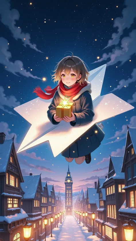 A young anime girl courier wearing a red scarf flies through a glowing winter city on Christmas Eve, riding a magical paper plan...