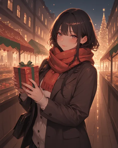 1girl, solo, masterpiece, best quality, running through a festive Christmas market, wooden stalls, colorful ornaments, holding a...