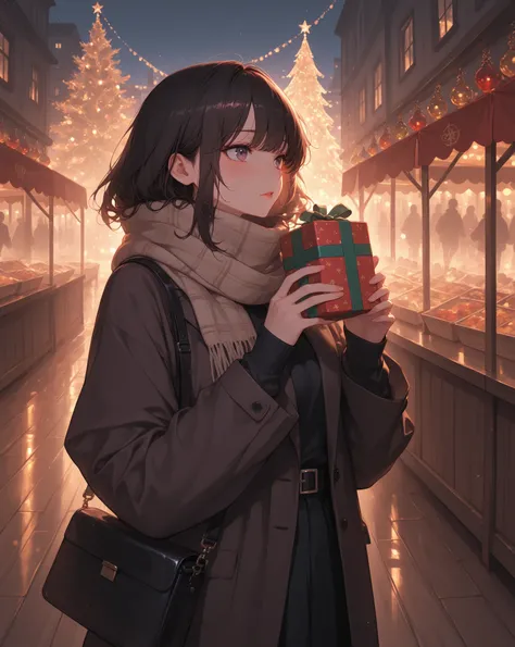 1girl, solo, masterpiece, best quality, running through a festive Christmas market, wooden stalls, colorful ornaments, holding a...