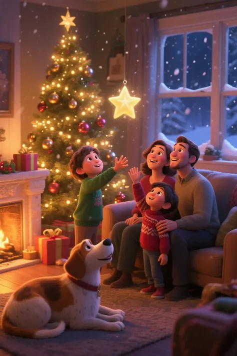 Family gathered in a cozy living room on Christmas Eve, warm golden lights from a beautifully decorated tree reflecting on shiny...