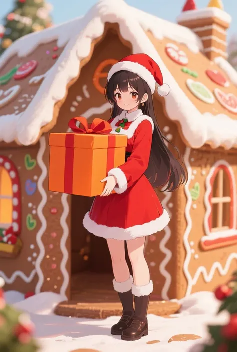 Anime；Energetic Girl；Santa Claus Outfit；In Front of a Gingerbread House；Hugging a Big Gift Box；4k；高质量