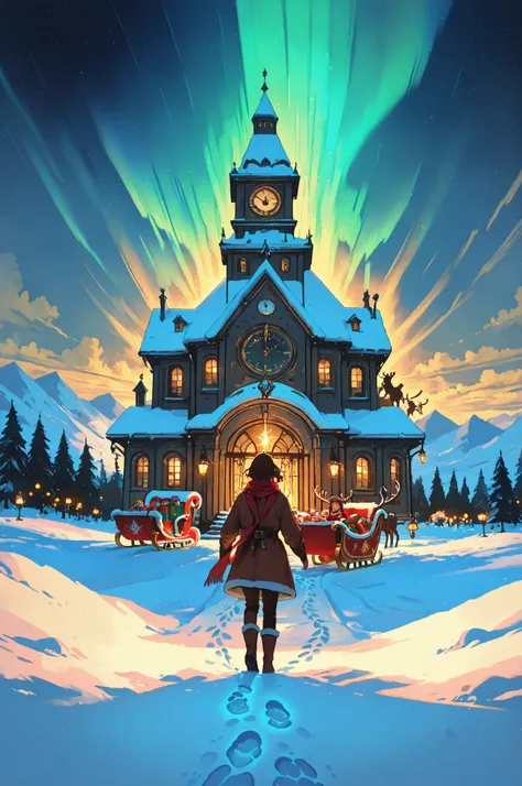 Christmas Eve adventure, magical moment only on Christmas Eve,

snow-covered fantasy town at midnight,
warm golden lights glowin...