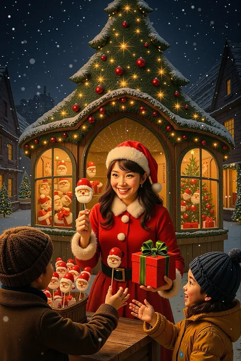 On a snowy Christmas Eve night, inside a fantasy-themed shop shaped like a giant Christmas tree, a young and beautiful Japanese ...