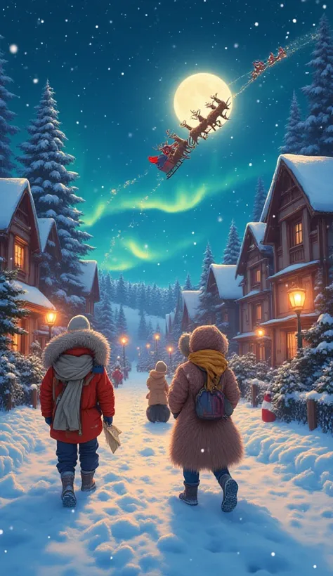 Christmas Eve Adventures, three adventurous children in winter clothes walking through a snowy town during the night, one holds ...