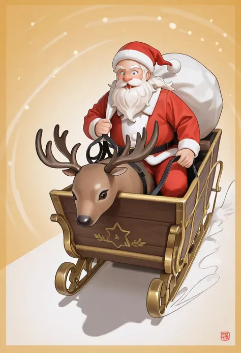 flying sleigh、 reindeer、Santa Claus costume、cute