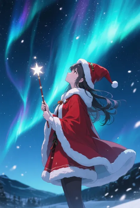 二次元；圣诞魔女；红白斗篷；极光夜空；手拿仙女棒；4k；高质量