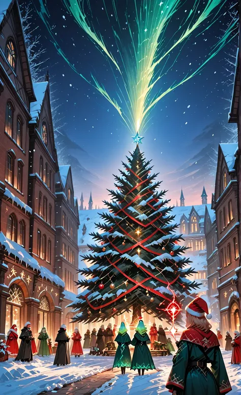 Christmas，Fantasy， red streamer ，soft golden lights，Christmas tree，Snow，High-rise buildings ，Blue-green auroras，night，magic，Surp...