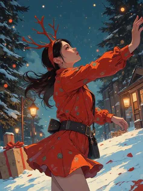 score_9, score_8_up, score_7_up, 1girl, solo, close-up, dancing in the snow, red christmas outfit, reindeer headband, arms outst...