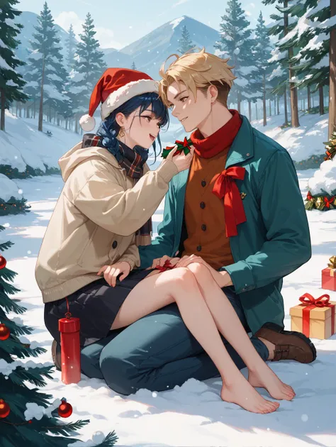 score_9, score_8_up, score_7_up,source_anime,Christmas Eve、Boy and girl go on an adventure、In the woods、snow is piled up
