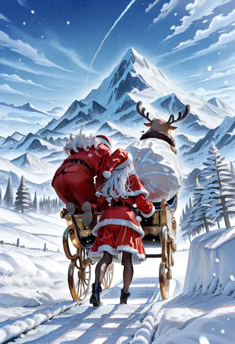 Greatest Masterpiece、 top quality、 very elaborate、 Santa Claus' good-looking girl sliding down a snowy mountain、 雪山を滑って降りてきている、 ...