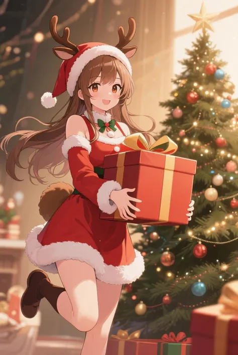 Anime;Energetic Girl;Reindeer Onesie;Beside the Christmas Tree;Hugging a Big Gift Box;4k;高质量
