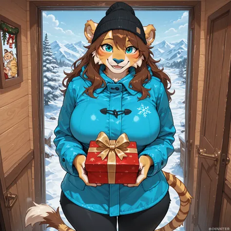 A female liger, feline, female furry, yellow fur, teal iris eyes, long wavy and curvy brown hair, long brown hair, long hair, lo...