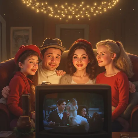 Drawing style 
2 men and 2 women watching the movie It's a Wonderful Life