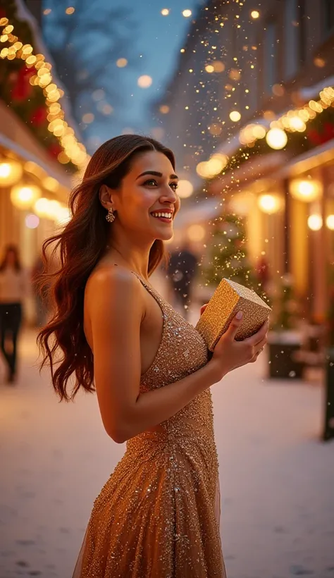 A stunningly beautiful woman with flowing hair wearing a dazzling, elegant evening gown stands in the snowy glow of a festive c...