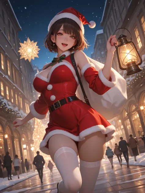 A stunning anime-style beautiful girl dressed in a sexy Santa outfit with red mini dress, white fur, thigh-high stockings, and S...