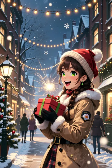 A young woman in a cozy winter coat and knitted hat hurries through the snowy streets of the evening city on Christmas Eve. In h...