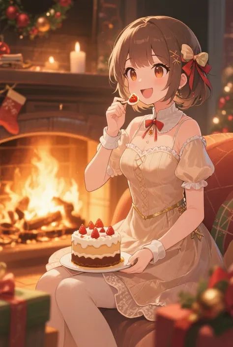 Anime；energetic girl；Vestido/Terno elegante；cozy fireplace；Eating Christmas cake；4k；high quality