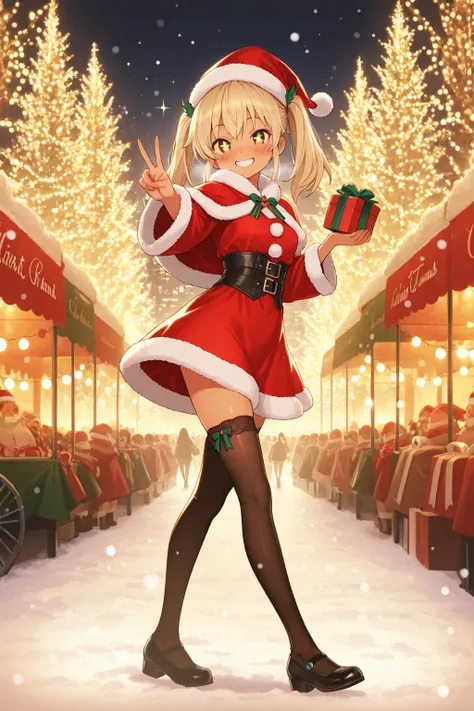 1girl, solo, full body,
blonde hair, twin tails, golden eyes, tan skin, blush,
wearing red santa dress with white fur trim, sant...