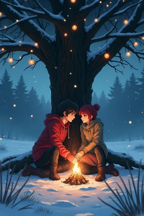 Mikasa and Erin Yeager from the Attack of the Giants anime are under a giant Christmas tree in the middle of snow. They are sitt...