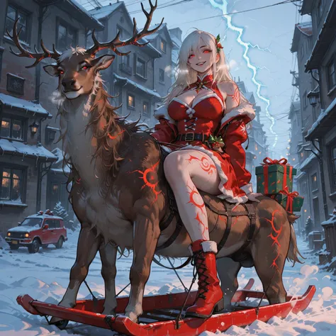 The scene is realistic, depicting a muscular, exceptionally strong elk with strange, luminous markings on its body, surrounded b...