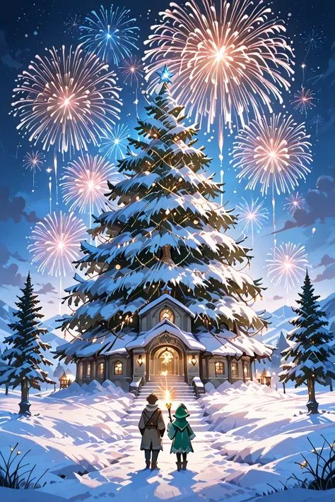 masterpiece, best quality, ultra-detailed, 1boy, little wizard, holding a magic wand, standing on a snowy hill, casting magic, a...