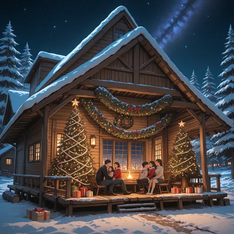 dark night. Beautiful starry sky. A large pine. Log cabin under the branches. snow. Christmas ornaments. Christmas lights. Chris...