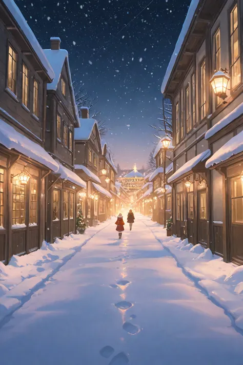 best quality, detailed face, detailed eyes, Christmas Eve night, brave young girl, winter adventure, snow-covered streets, shini...