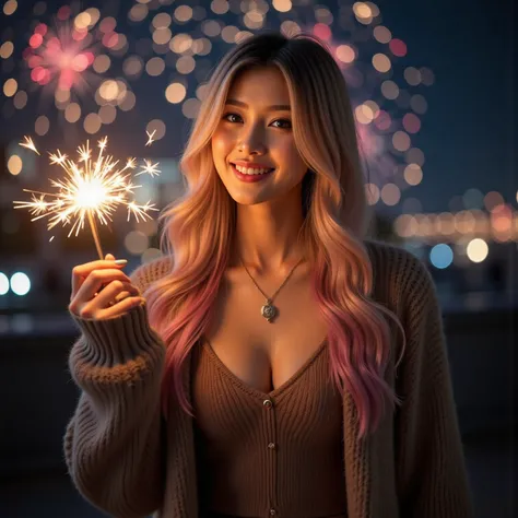 (masterpiece:1.3), (ultra detailed:1.25), (photorealistic:1.3),
young Japanese woman,
long natural blonde hair with vivid pink ...