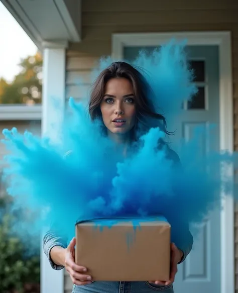 (((hyper-realistic))), 8k, photograph, an attractive woman stealing a package from a porch, opening a package and blue powder ex...