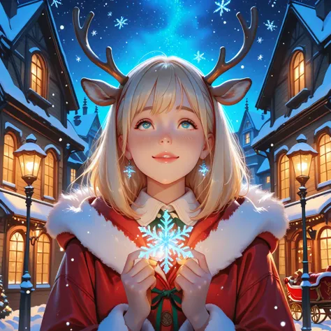 A magical cinematic moment on a snowy Christmas Eve street, a child looks up in awe as Santa Claus himself kneels to hand them a...