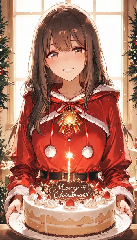 anime style,best image quality,one's home, womanhood(Brown,long hair,slender,Santa costume(A glimpse of the chest), holding ...