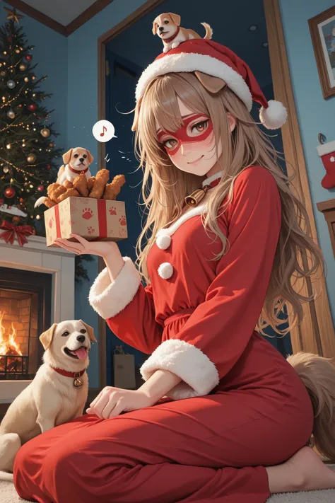 1girl, solo, Waifu, dog girl, dog ears, small breasts, neck bell, light caramel brown eyes,reflected light in eyes,  long light ...