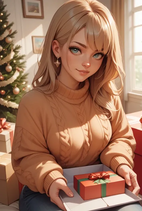 A girl wearing sweaters opens a gift box