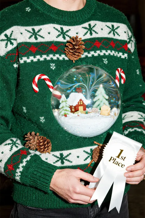 Close-up, macro photography, high contrast. An extreme ugly sweater design featuring a clear, fluid-filled plastic dome sewn int...