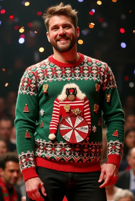  the festive contest stage. This sweater wins by sheer volume and competition. It's a "sweater-ception": a large, poorly knitted...