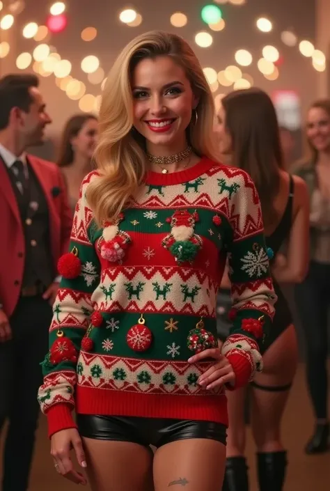 Conn as a lady at an ugly sweater ball!