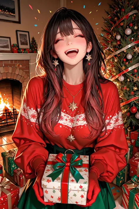 

 1girl , solo , anatomically accurate, masterpiece, top quality, 
a room with a fireplace、warm room、Christmas vibe、Room Has Gi...