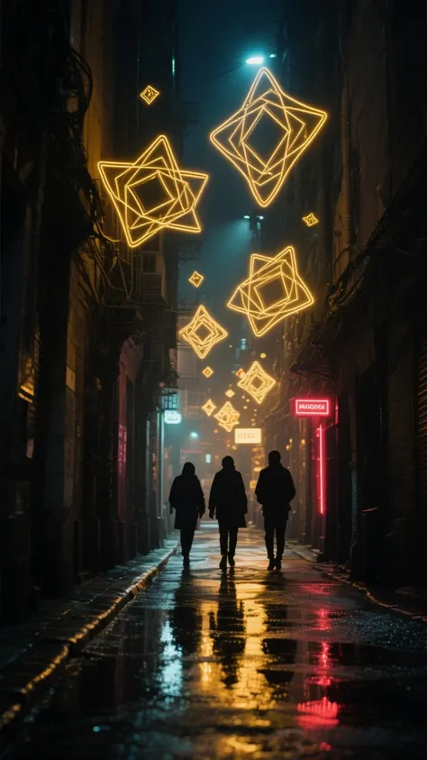 masterpiece, best quality, back alley in the city at night, Golden Geometric Patterns Floating in the Air, Signs of Magic, Silho...