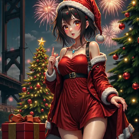 Anime；energetic girl；Classic red dress；Next to the Christmas tree；Embracing a large gift box；4k；high quality ((( A true highly p...