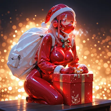 attractive woman in a bright red latex suit,Beautiful Santa Claus costume,taking a gift box out of a large white bag,real,natura...
