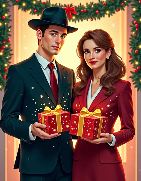A detailed vector image of Thomas Shelby and Anna Shelby. Anna and Thomas are looking straight ahead. They are holding festive g...